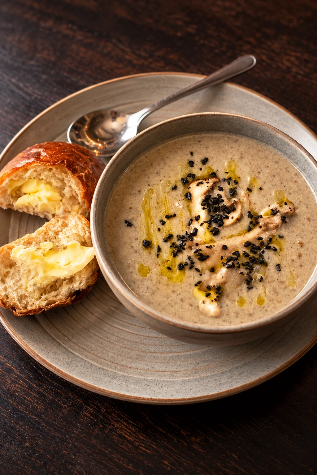 Bowl of soup with buttered bread, served on a dark wooden table